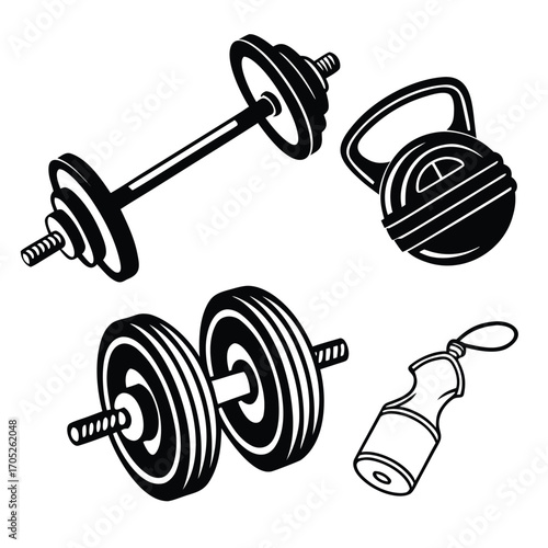 Black and white icons of weightlifting equipment and a water bottle fitness workout