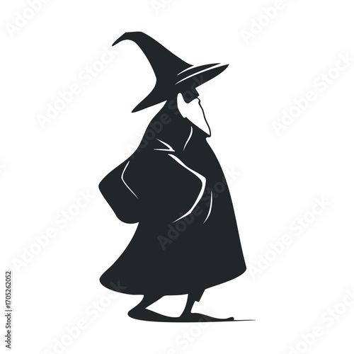 A black silhouette of a wizard with a cloak and pointed hat.
