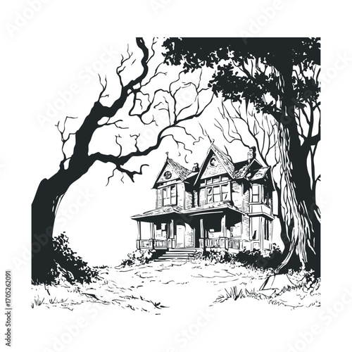  A creepy, dilapidated house framed by dark, gnarled trees.