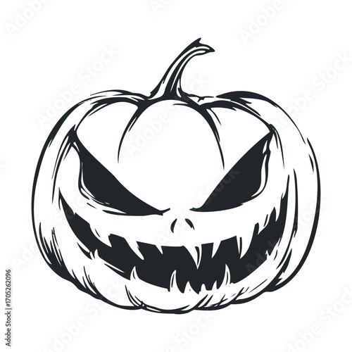 A hand-drawn image of a pumpkin with a sinister face.