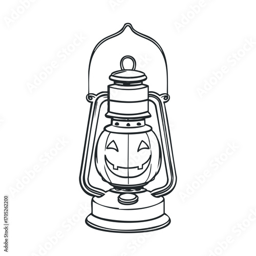 A carved pumpkin inside a vintage lantern.