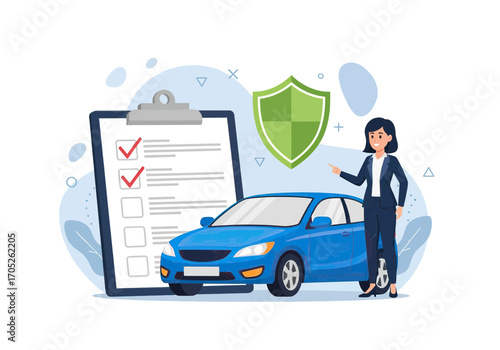 Confident professional woman points to car insurance policy checklist and shield, securing protection.