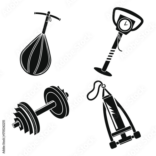 Black silhouette icons of gym equipment: punching bag, kettlebell, dumbbell, and hand grip strengthener