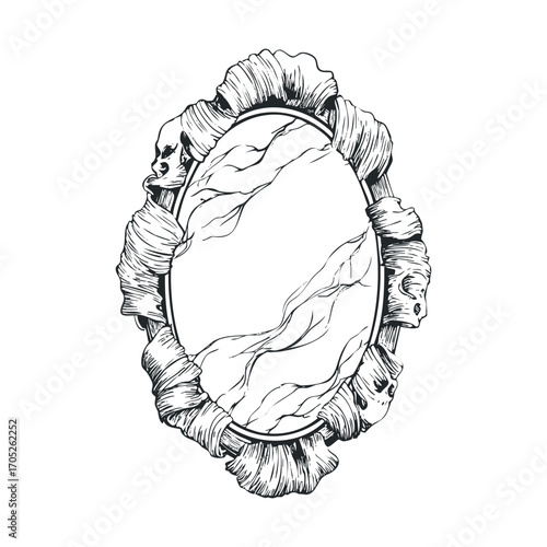 An oval mirror frame with a ribbon and small skulls.