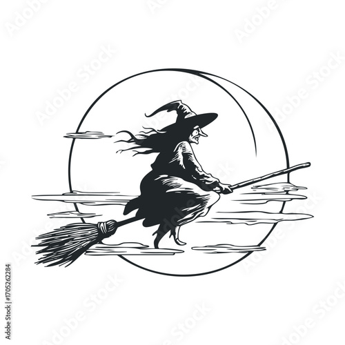 A spooky witch flying on a broomstick in front of a moon.