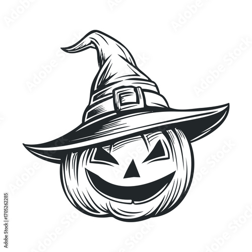 A carved pumpkin wearing a witch's hat.