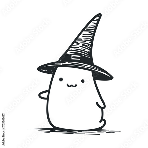 A small, cute ghost wearing a witch's hat.