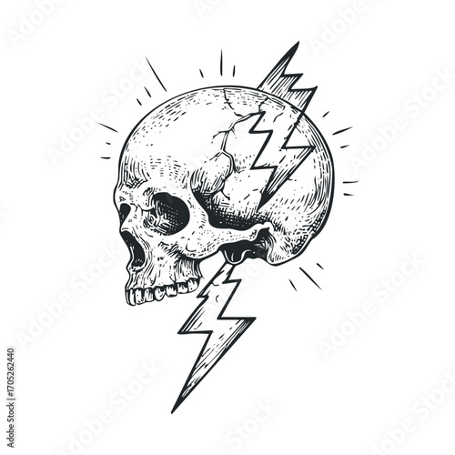 A detailed drawing of a skull with a lightning bolt.