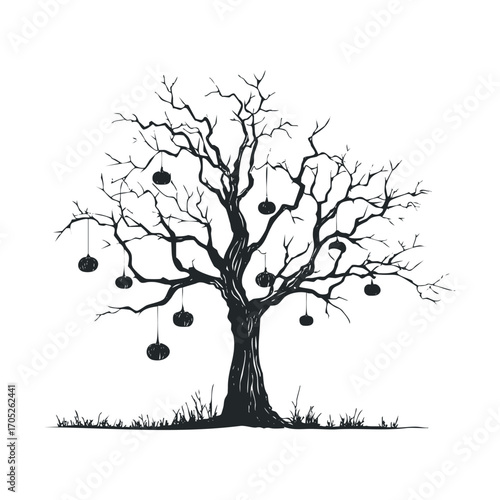 A bare spooky tree with pumpkins hanging from its branches.
