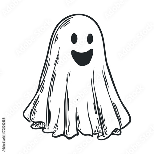 A friendly ghost with a wide smile, drawn in black and white.
