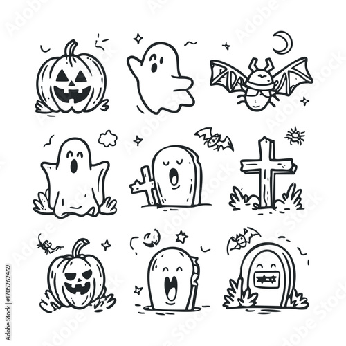 A collection of spooky Halloween icons in black and white.