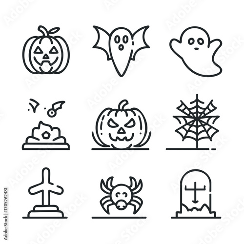 A grid of nine spooky icons for Halloween.