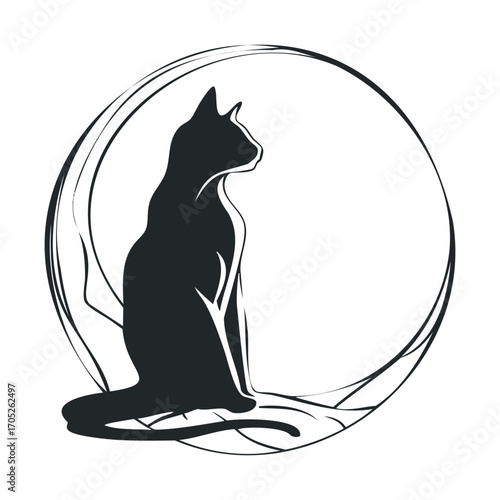 A black cat in silhouette, sitting on a crescent moon.