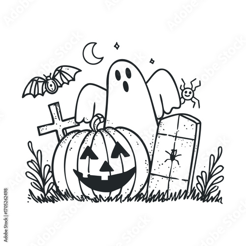 A black and white drawing of a graveyard with a ghost and a pumpkin.