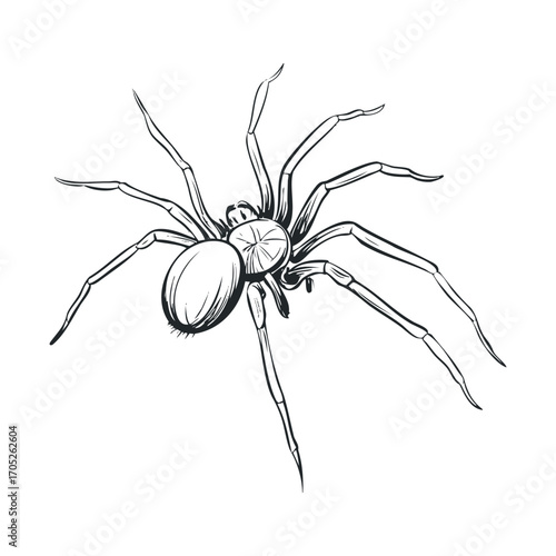 A detailed black and white sketch of a spider.