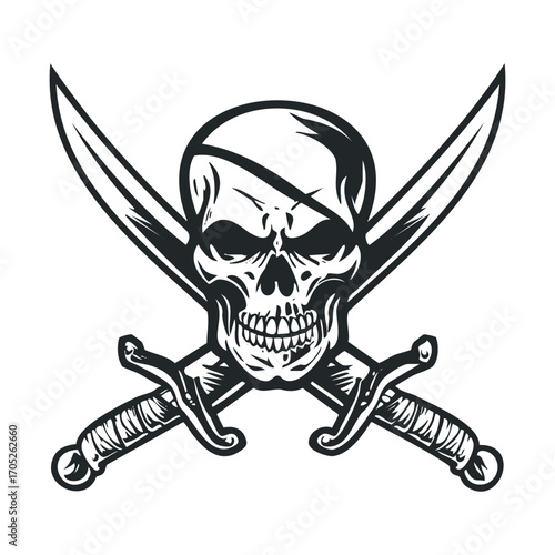 A spooky skull with an eye patch and crossed swords.