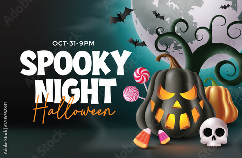 Halloween clipart featuring a glowing black pumpkin, skull, candy corn, lollipops, bats, and full moon. Spooky vector design perfect for Halloween party invites, trick or treat cards, and decorations.