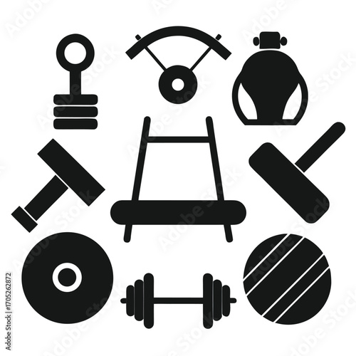 Collection of black silhouette icons representing various gym and exercise equipment items on a white background