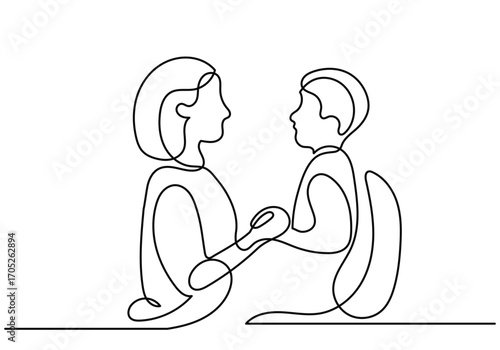A continuous line drawing of a mother and child sitting face to face, holding hands and sharing a tender moment of love and connection.
