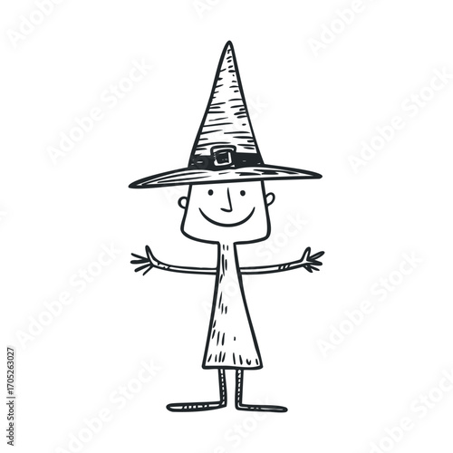 A hand-drawn stick figure wearing a witch hat.