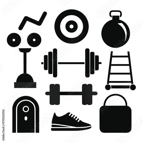Group of black fitness and gym equipment icons including dumbbells kettlebell and a running shoe on a white background