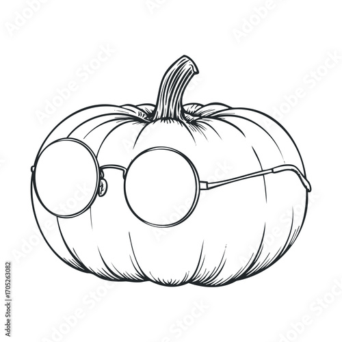A black and white drawing of a pumpkin wearing round glasses.