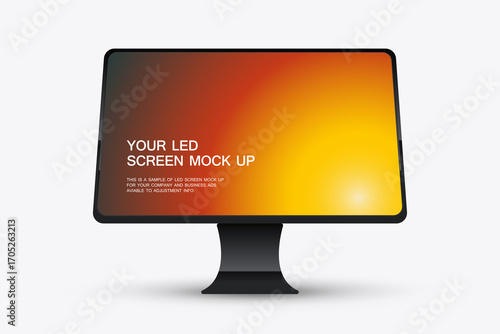 LED screen TV mock-up with a gradient display transitioning from red to yellow. Technology minimalistic design of LED monitor clean black frame and stand Vector