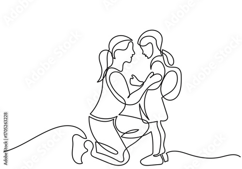 continuous line drawing of a mother kneeling to encourage her daughter, who is wearing a backpack, love, care, and support before going to school.Minimalist black linear isolated on white background.