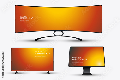 Set of Three Wide LED-LCD Screens mockup with Modern displayed vibrant gradient orange, red, and yellow background Vector illustration