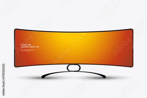 The Extream Wide LED Screen mockup For Modern displayed with a vibrant gradient background blending orange, red, and yellow used in Display Data and Info