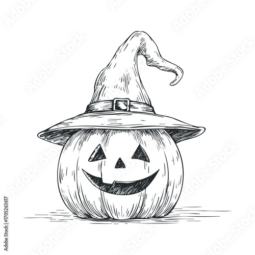 A smiling pumpkin wearing a witch's hat.