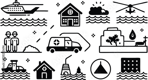 Flood Disaster Relief Icons Set – Emergency Rescue, Evacuation, Safety, Shelter Symbols
