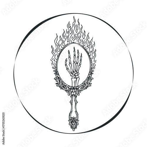  A skeletal hand emerging from a flaming mirror.