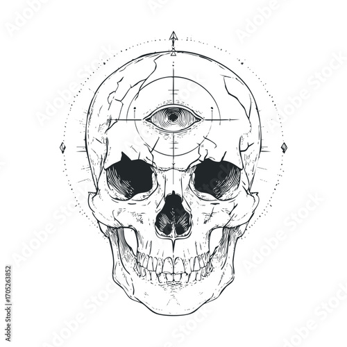 A skull with a third eye and an occult symbol.