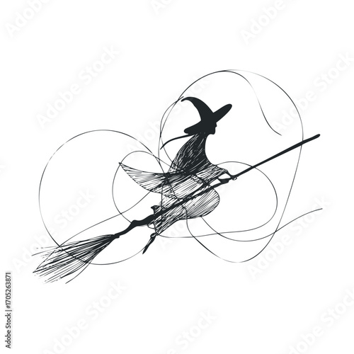 A silhouetted witch flying on a broomstick.