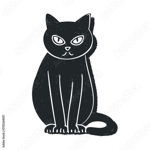 A black cat with glowing eyes sits and stares.