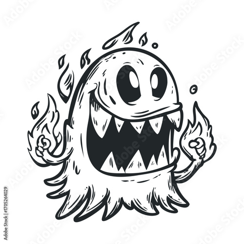 A drawing of a smiling, fiery ghost monster.