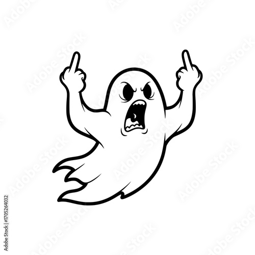 A cute yet expressive cartoon ghost character with a provocative and defiant gesture. 