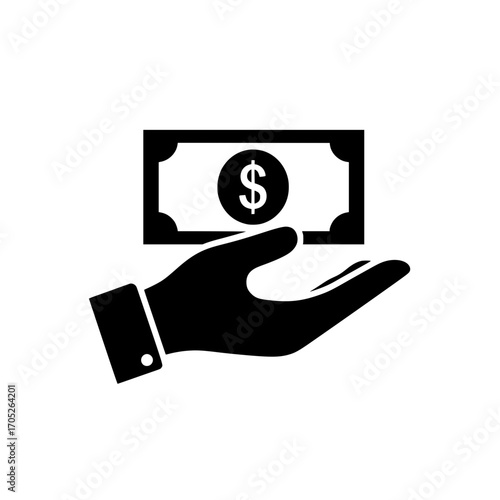 Simple and modern vector illustration of a hand offering dollar bills. Ideal for concepts related to business, finance, payments, investment, and donations. 