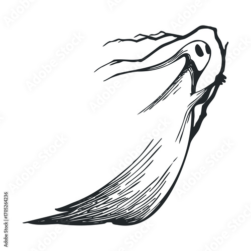 A hand-drawn sketch of a ghostly figure flying.
