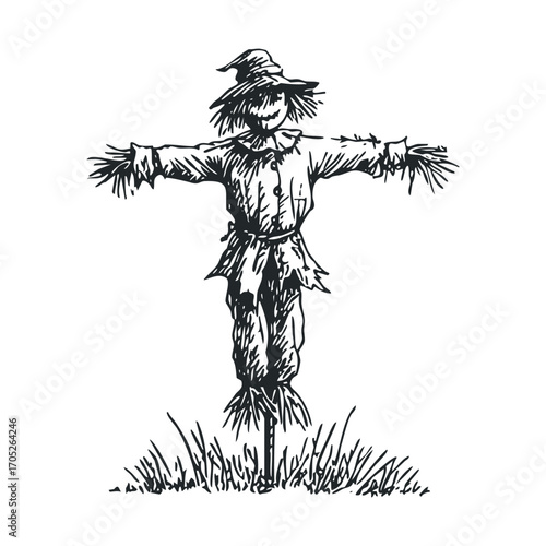 A spooky, hand-drawn scarecrow standing in a field.