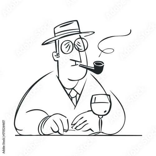 A man smoking a pipe while drinking wine.