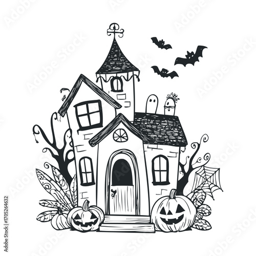  A spooky haunted house with pumpkins and bats.