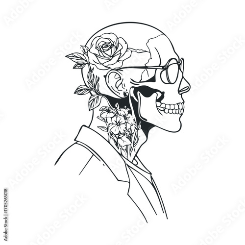 A skull wearing glasses with a rose and floral tattoos.