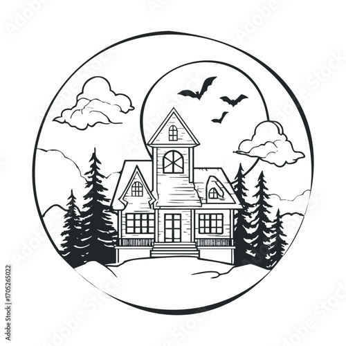 A spooky Halloween house at night in a circular frame.