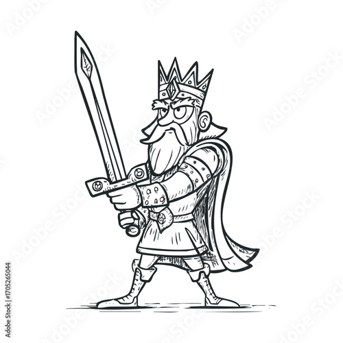  A line drawing of a king holding a sword.