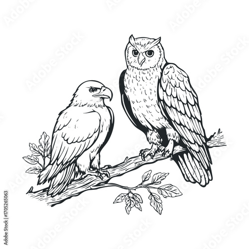 A black and white drawing of an owl and an eagle on a branch.