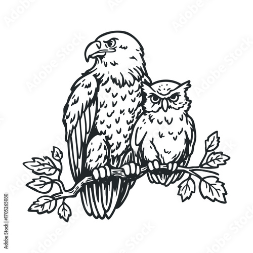 A line drawing of an eagle and an owl on a branch.