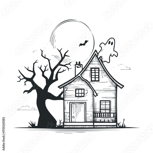 A haunted house with a spooky tree, moon, and ghost.
