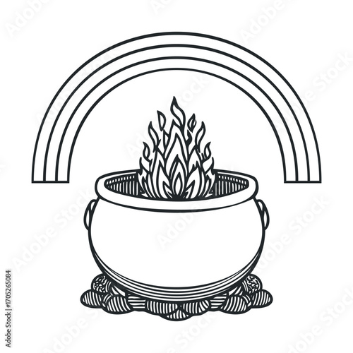 A Halloween cauldron with a fire and a rainbow above it.